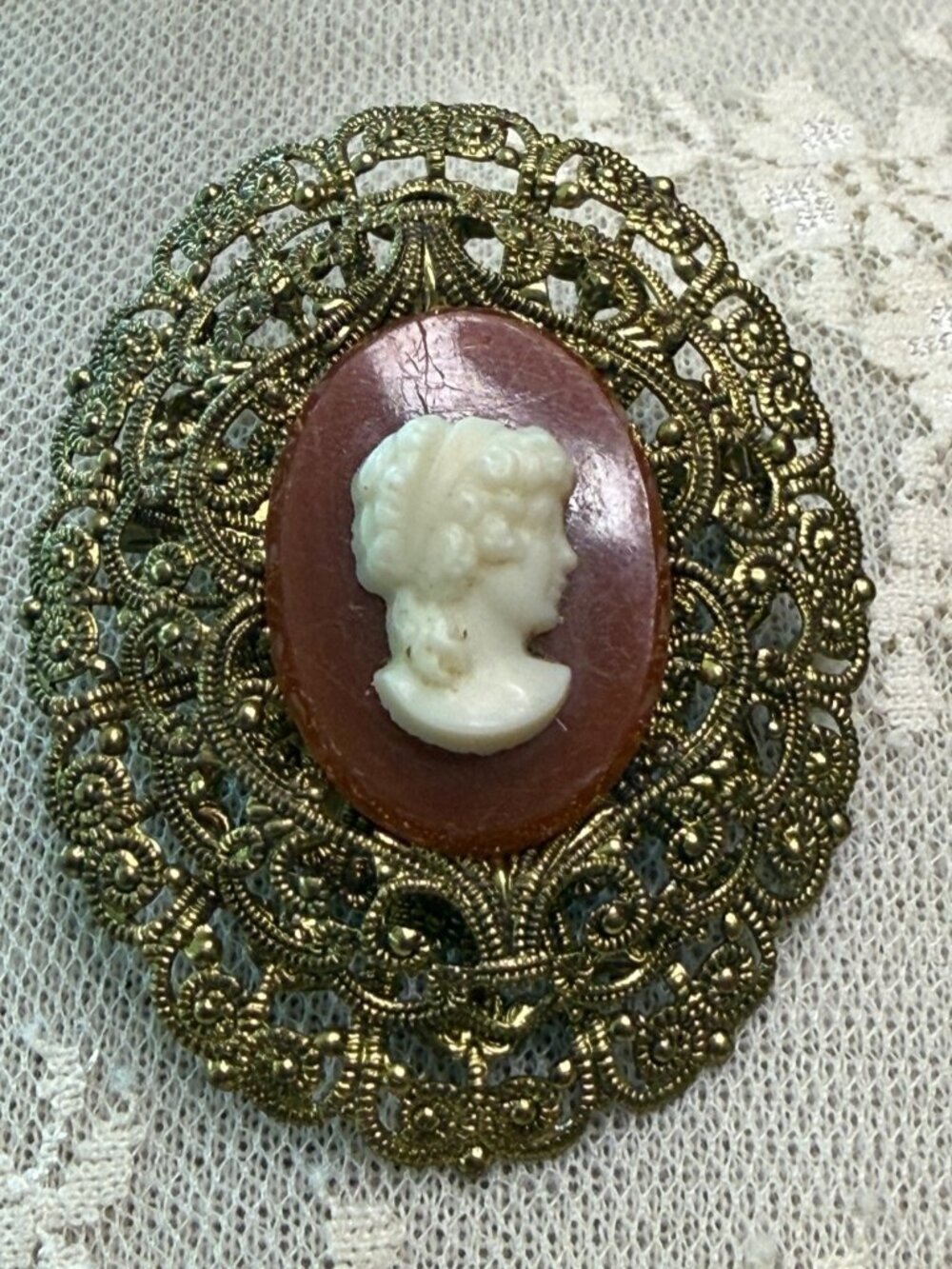 Vintage Cameo Brooch Pin Filigree Design Oval West Germany 2 Inches